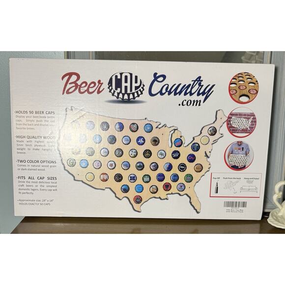 24" x 14" Beer Cap Map of United States; Holds 50 Beer Caps Natural Finish Birch - Picture 1 of 4